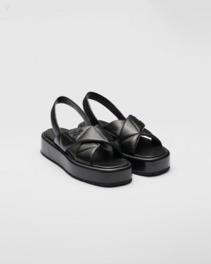 Prada Acolchado Nappa Cuero Flatform Sandals Negros | PSOS8162
