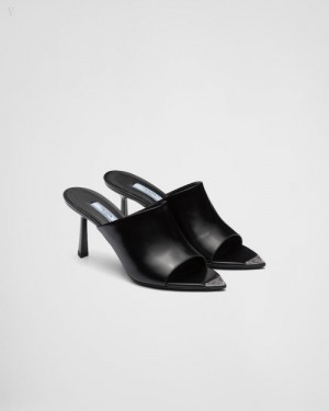 Prada Brushed Cuero High-heel Slides Negros | JEKK8656