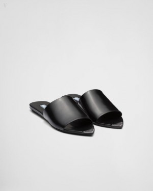 Prada Brushed Cuero Slides Negros | NAOD3346