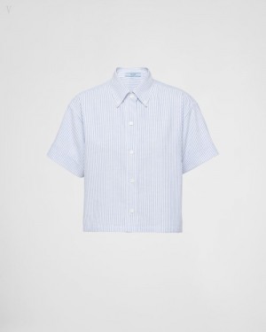 Prada Corta-sleeved Oxford Algodon Shirt Blancos Azules Claro | ZSYN5252