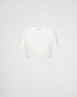 Prada Cropped Algodon Fleece T-shirt Blancos | IMJM7704