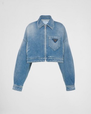 Prada Cropped Organic Denim Jacket Azul Marino | SKQR2181