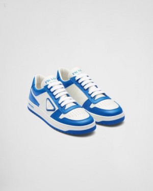 Prada Downtown Perforated Cuero Sneakers Blancos Azules Oscuro | AMCP0315