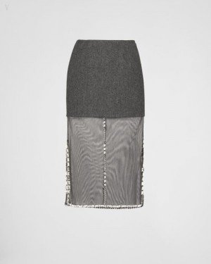 Prada Embroidered Cloth And Tulle Midi-skirt Negros Grises | RSXT3792