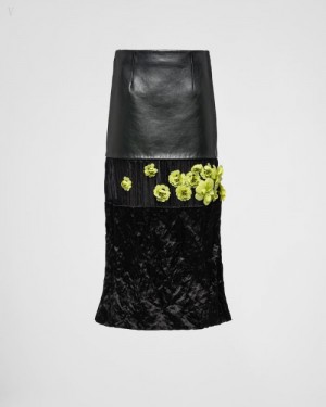 Prada Embroidered Corded Fabric And Cuero Midi-skirt Negros Turquesa Verdes | QATA1275