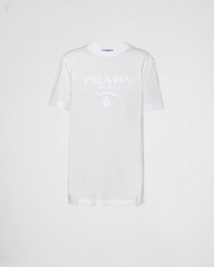 Prada Embroidered Jersey T-shirt Blancos | HMGS3690