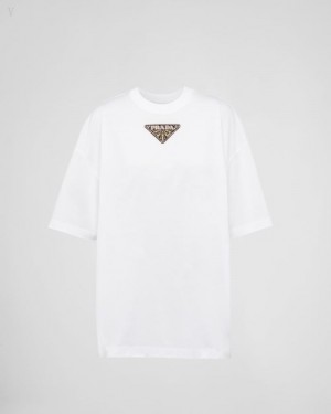 Prada Embroidered Jersey T-shirt Blancos | ZYHR7662