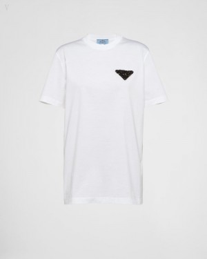 Prada Embroidered Jersey T-shirt Blancos | LYTE1540
