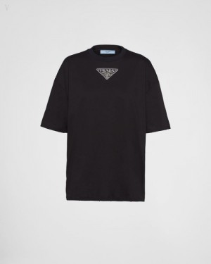 Prada Embroidered Jersey T-shirt Negros | FZST5906