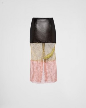 Prada Embroidered Mesh And Cuero Midi-skirt Cafes | WEOE8478