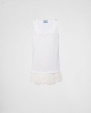 Prada Feather Trim Jersey Vestido Blancos | ZQFY4271