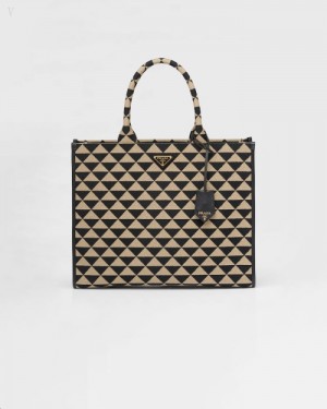 Prada Large Symbole Embroidered Fabric Handbag Negros Beige | UTJE2254