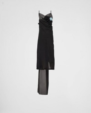 Prada Long Nylon Crepe Vestido Negros | WXEL1766