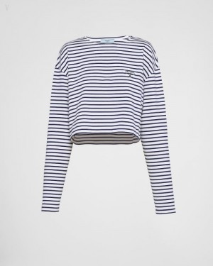 Prada Long-sleeved A Rayas Jersey T-shirt Blancos Azules | LAXH1475