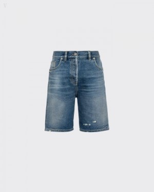 Prada Organic Denim Bermuda Shorts Azul Marino | UKCD1396
