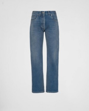 Prada Organic Denim Five-pocket Trousers Azul Marino | QKDB5847