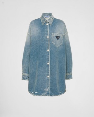 Prada Oversized Organic Denim Shirt Azul Marino | WCEM7831