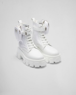 Prada Pouch Monolith Cuero And Re-nylon Boots Blancos | EXJC9061