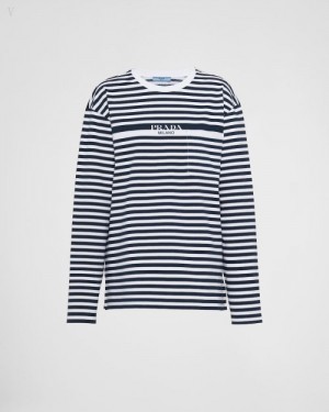 Prada Printed Jersey T-shirt Azules Blancos | QHEG7293
