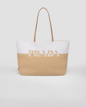 Prada Raffia And Cuero Tote Bag Marrom Blancos | LMXA3849