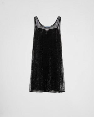 Prada Rhinestone Embroidered Mesh Mini-dress Negros | CWIH9782