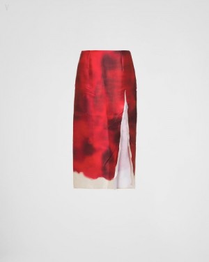 Prada Slit Printed Satin Midi Skirt Fucsia | WISP1876