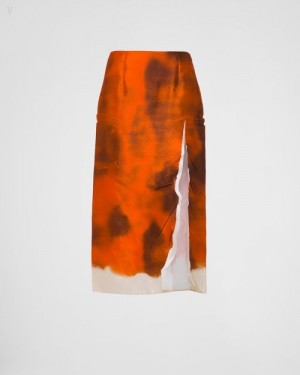 Prada Slit Printed Satin Midi Skirt Naranjas | XCBD7558