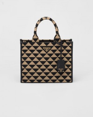 Prada Small Symbole Embroidered Fabric Handbag Negros Beige | BXUC4515