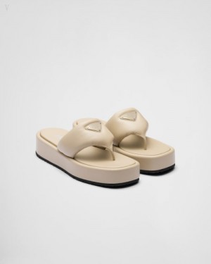 Prada Soft Acolchado Nappa Cuero Tanga Wedge Sandals Beige | YOQG5701
