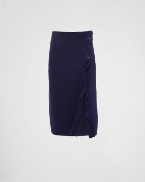 Prada Split Lana And Cashmere Skirt Azul Marino | UFEE8144