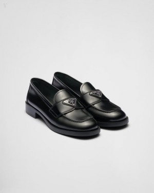 Prada Unlined Brushed Cuero Loafers Negros | QRBB1618
