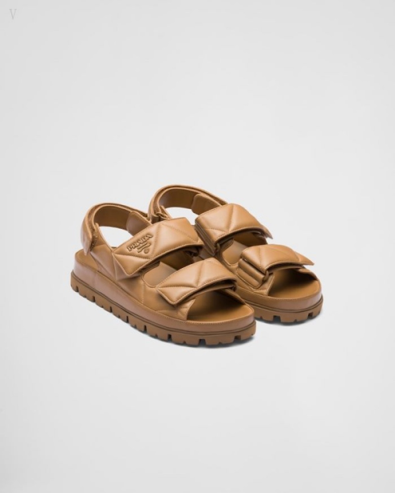 Prada Acolchado Nappa Cuero Sandals Caramel | VYSB0186