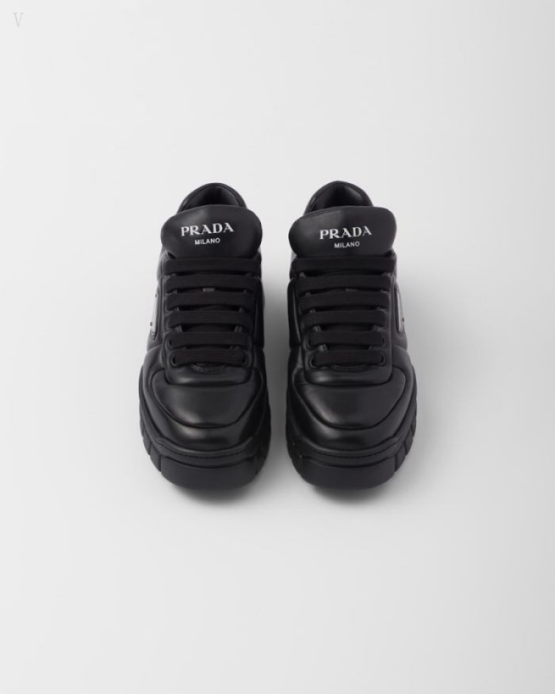 Prada Acolchado Nappa Cuero Sneakers Negros | XNLA6203