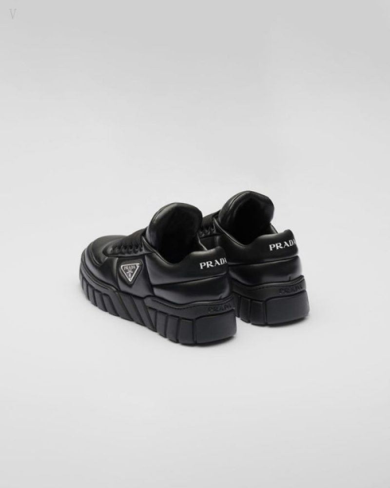 Prada Acolchado Nappa Cuero Sneakers Negros | XNLA6203