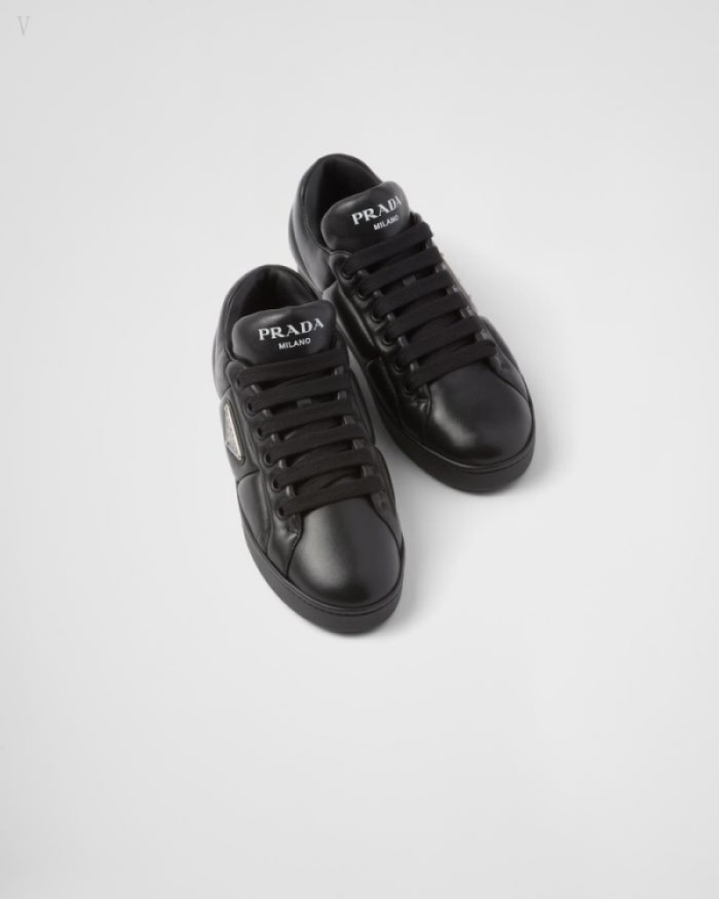 Prada Acolchado Nappa Cuero Sneakers Negros | QURH5857
