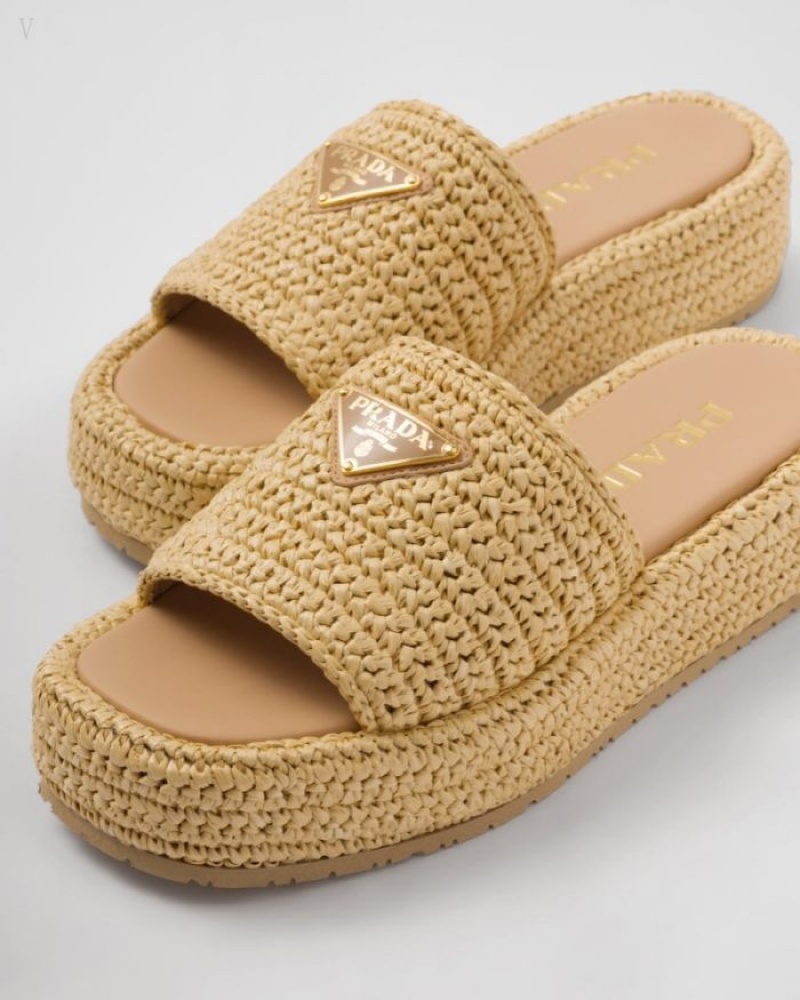 Prada Crochet Flatform Slides Beige | KGXY0173