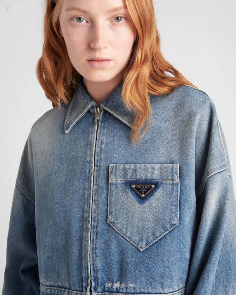 Prada Cropped Organic Denim Jacket Azul Marino | SKQR2181