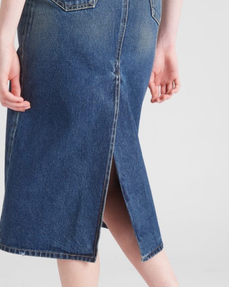 Prada Denim Midi Skirt Azul Marino | AQUL2451