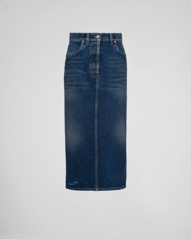 Prada Denim Midi Skirt Azul Marino | AQUL2451