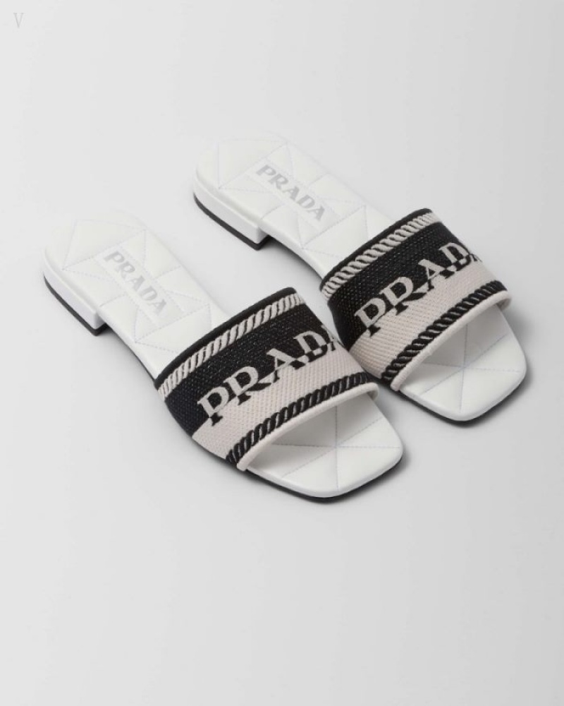 Prada Embroidered Fabric Slides Negros Blancos | PWYB2259