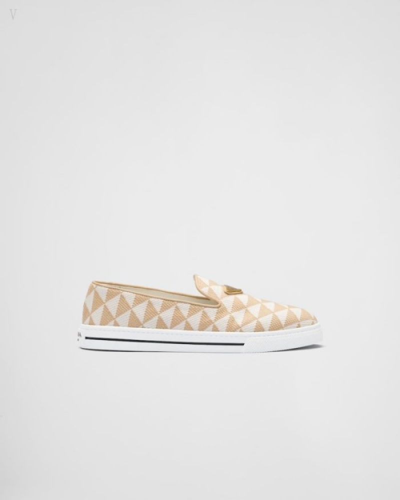 Prada Embroidered Fabric Slip-on Shoes Beige Blancos | BXEW1939