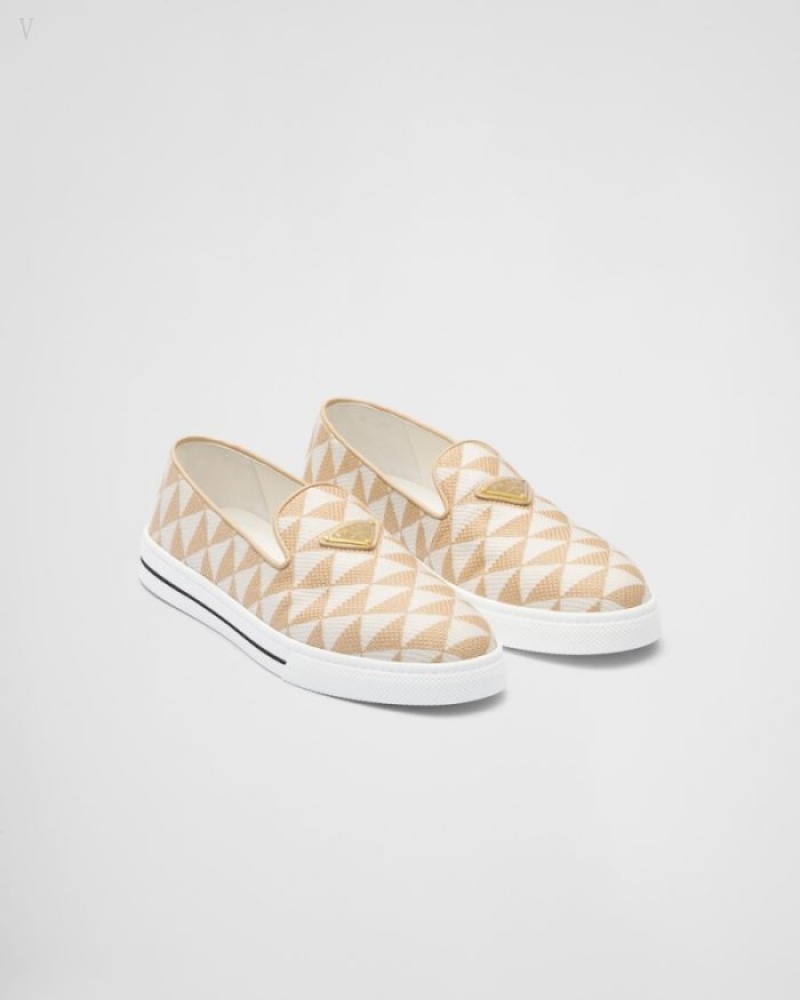 Prada Embroidered Fabric Slip-on Shoes Beige Blancos | BXEW1939