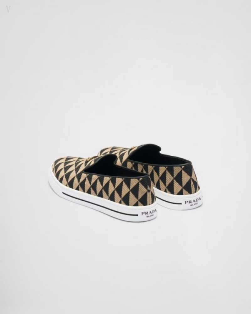 Prada Embroidered Fabric Slip-on Shoes Negros Beige | VUBT6935