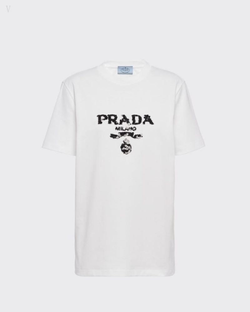 Prada Embroidered Interlock T-shirt Blancos | FBOZ5905