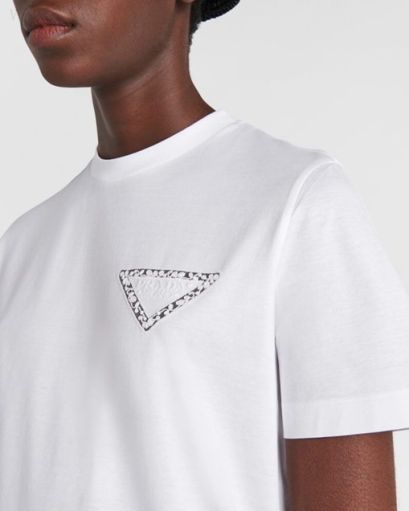 Prada Embroidered Jersey T-shirt Blancos | VRII4168
