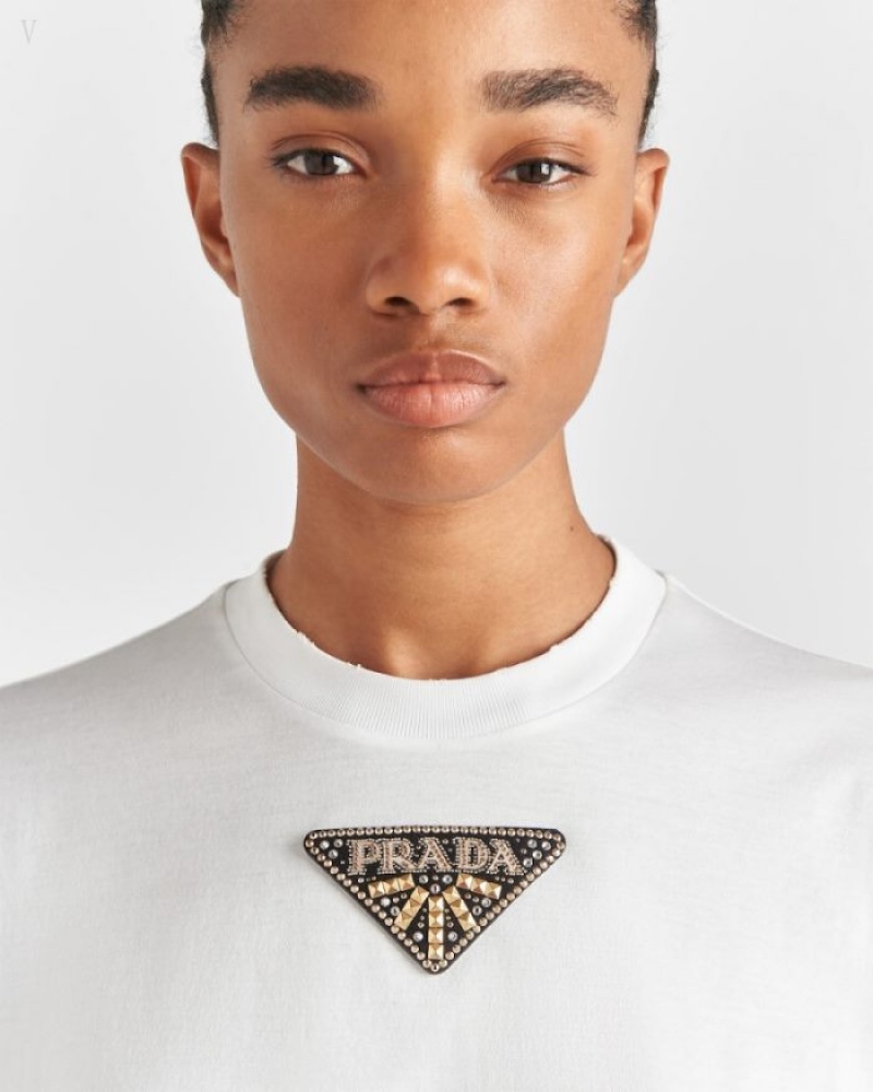 Prada Embroidered Jersey T-shirt Blancos | ZYHR7662