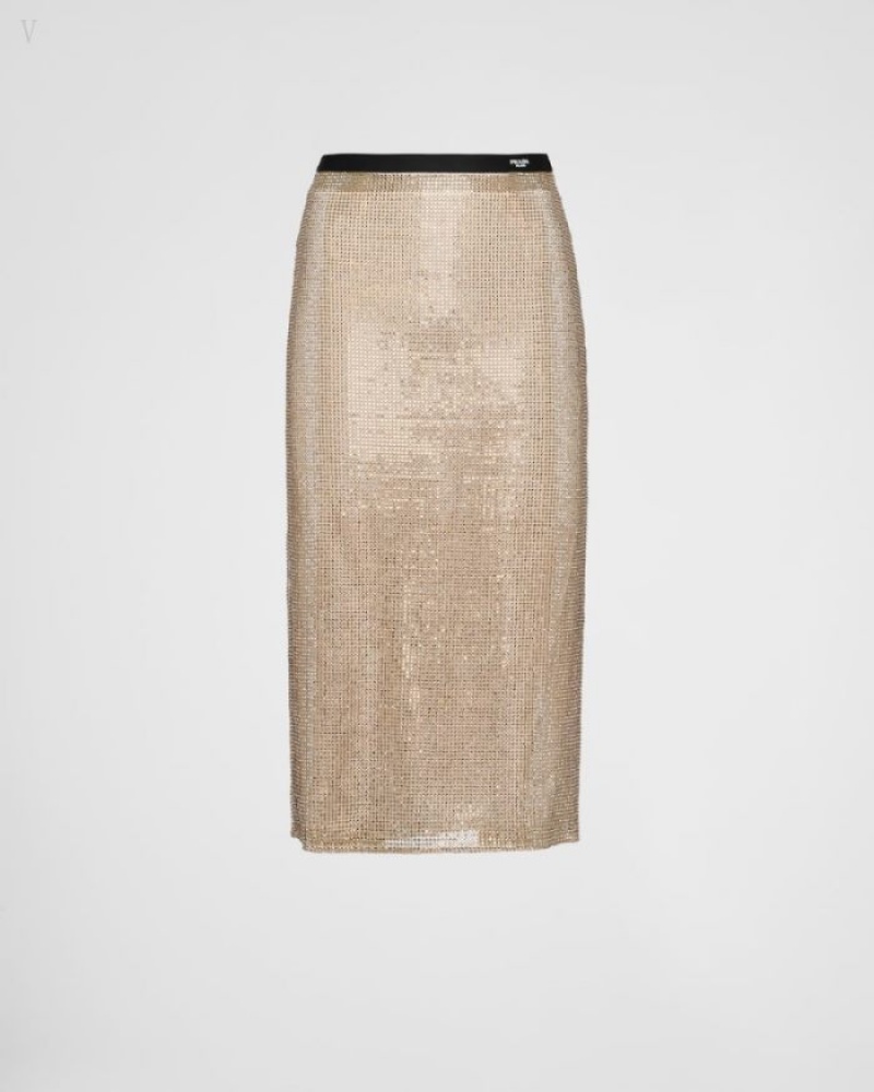 Prada Embroidered Rhinestone Mesh Midi-skirt Dorados | EQIR1260