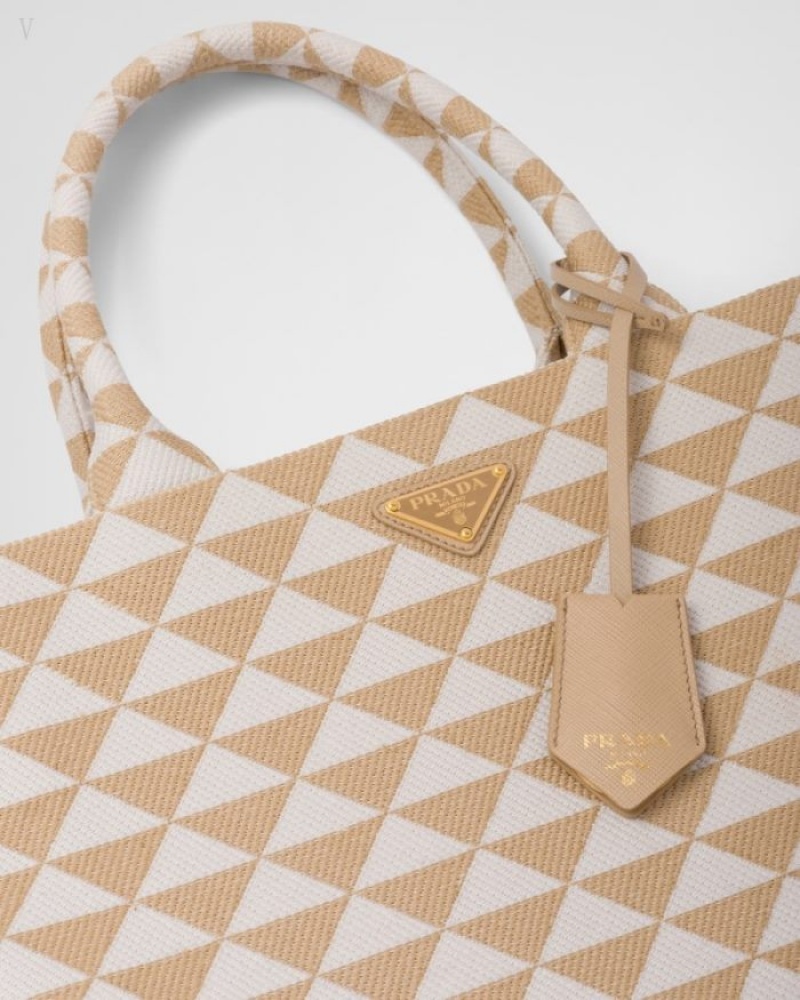 Prada Large Symbole Embroidered Fabric Handbag Beige Blancos | DJCK1533