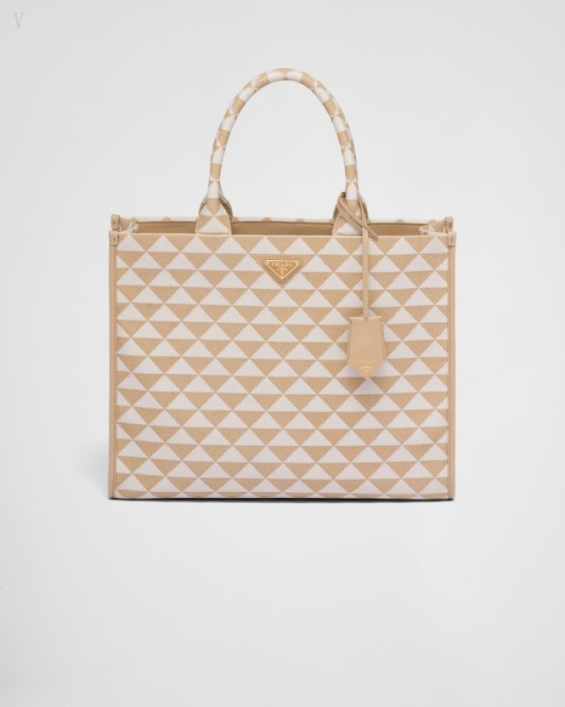 Prada Large Symbole Embroidered Fabric Handbag Beige Blancos | DJCK1533