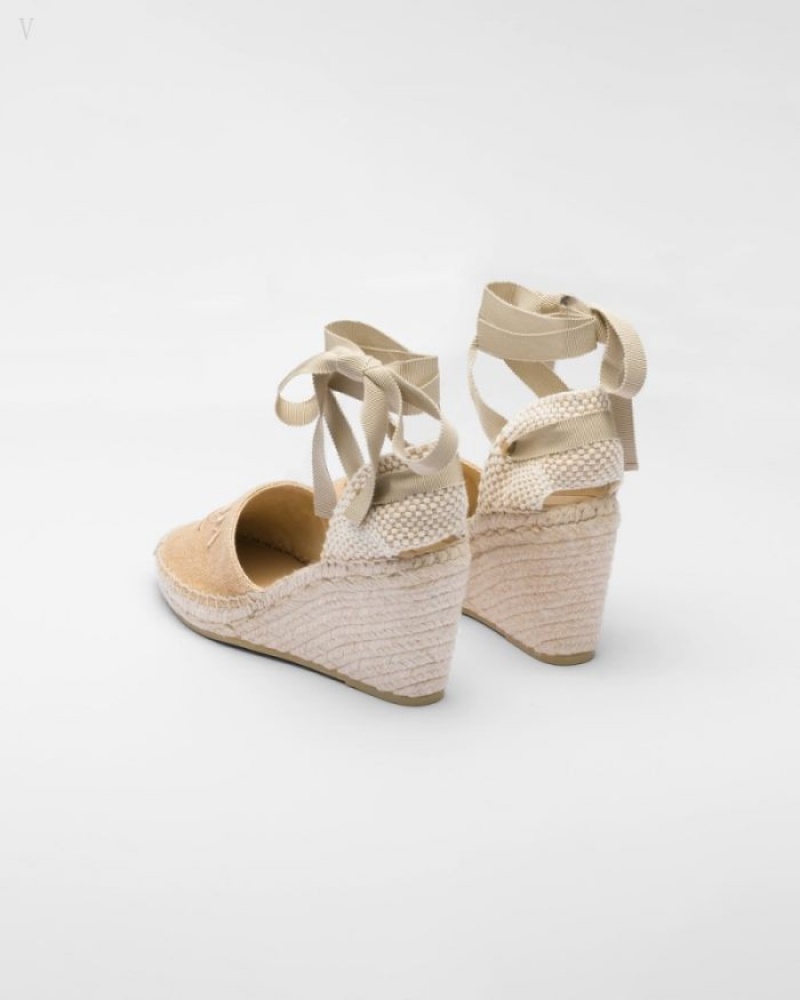 Prada Linen Alpargata Wedge Sandals Beige | YKJV5431